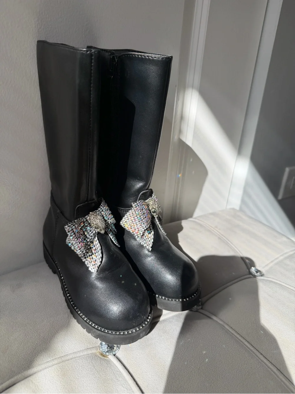 Kurt Geiger Black Kids Knee-High Boots with Rhinestone Bow